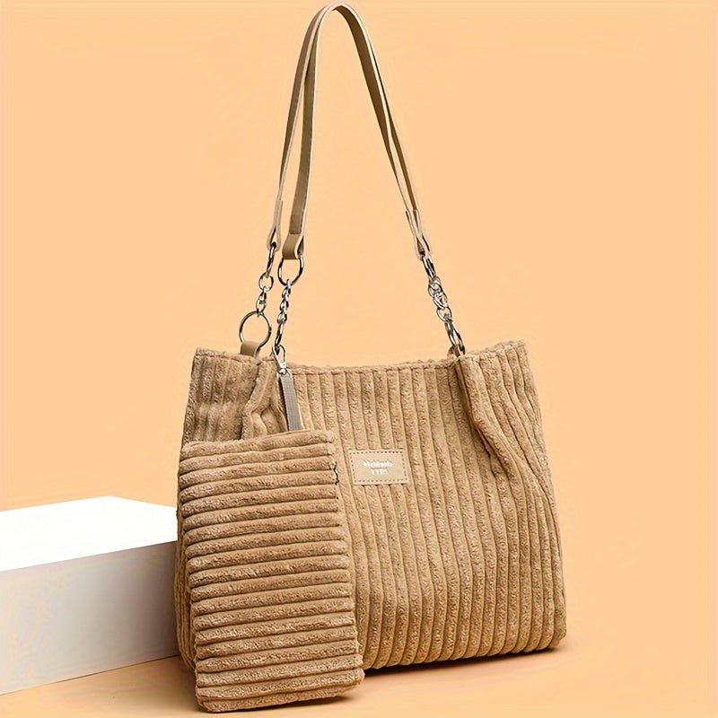 Perfect Lily Women's 2pcs Corduroy Tote & Handbag Set - Elegant Large Capacity Handbags with Zipper Closure, Fixed Strap & Polyester Lining, Beige/White/Green/Black, Versatile for Daily Commute, Work, Shopping - Durable Cordu