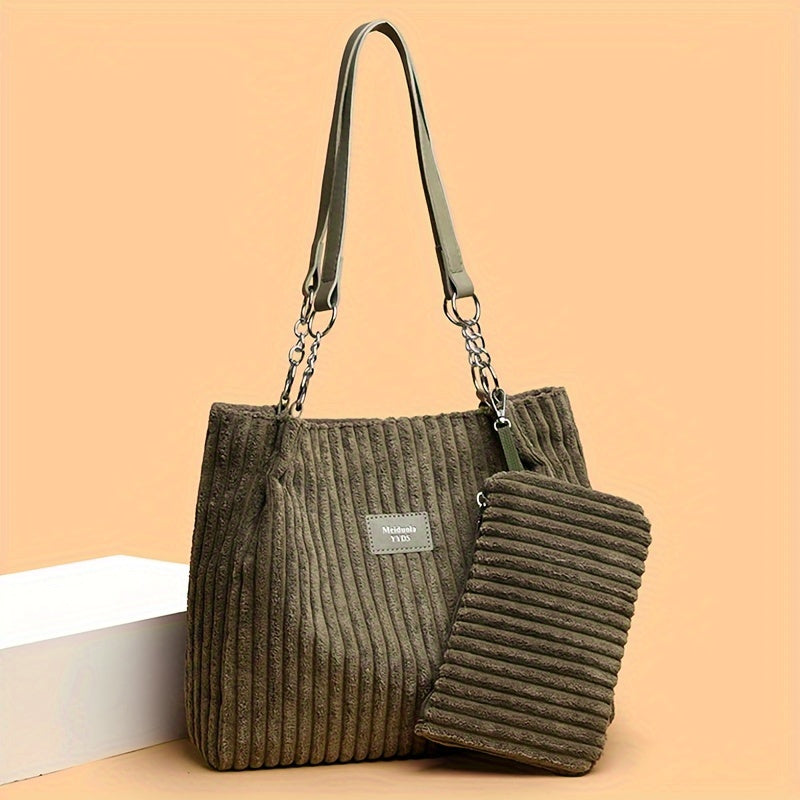 Perfect Lily Women's 2pcs Corduroy Tote & Handbag Set - Elegant Large Capacity Handbags with Zipper Closure, Fixed Strap & Polyester Lining, Beige/White/Green/Black, Versatile for Daily Commute, Work, Shopping - Durable Cordu