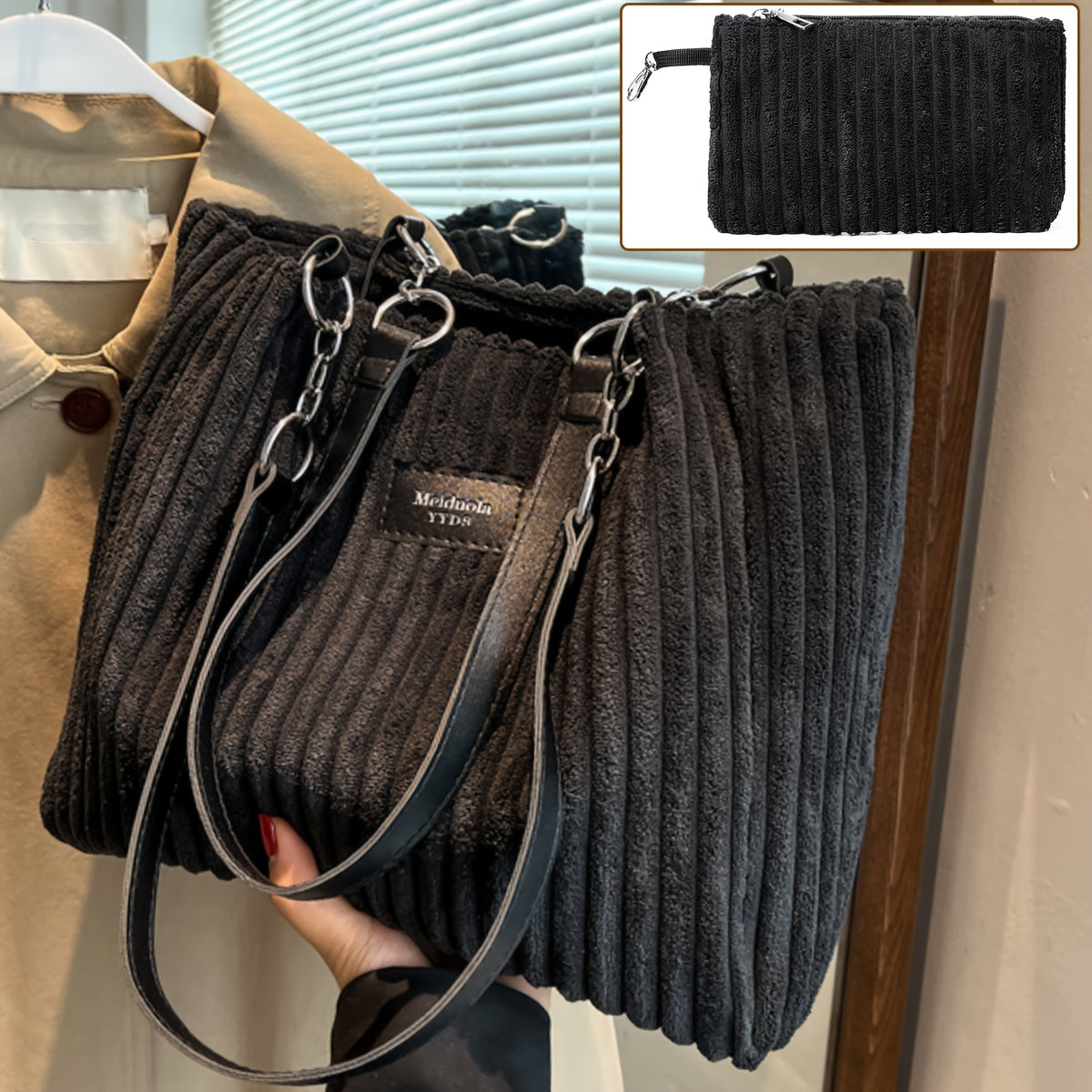 Perfect Lily Women's 2pcs Corduroy Tote & Handbag Set - Elegant Large Capacity Handbags with Zipper Closure, Fixed Strap & Polyester Lining, Beige/White/Green/Black, Versatile for Daily Commute, Work, Shopping - Durable Cordu