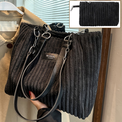 Perfect Lily Women's 2pcs Corduroy Tote & Handbag Set - Elegant Large Capacity Handbags with Zipper Closure, Fixed Strap & Polyester Lining, Beige/White/Green/Black, Versatile for Daily Commute, Work, Shopping - Durable Cordu