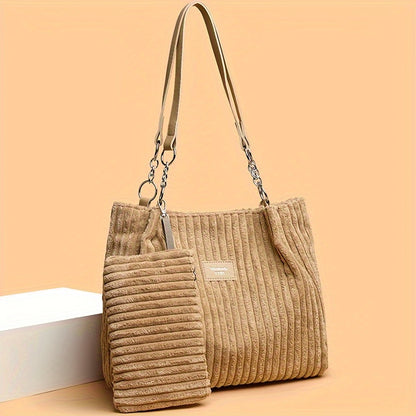 Perfect Lily Women's 2pcs Corduroy Tote & Handbag Set - Elegant Large Capacity Handbags with Zipper Closure, Fixed Strap & Polyester Lining, Beige/White/Green/Black, Versatile for Daily Commute, Work, Shopping - Durable Cordu