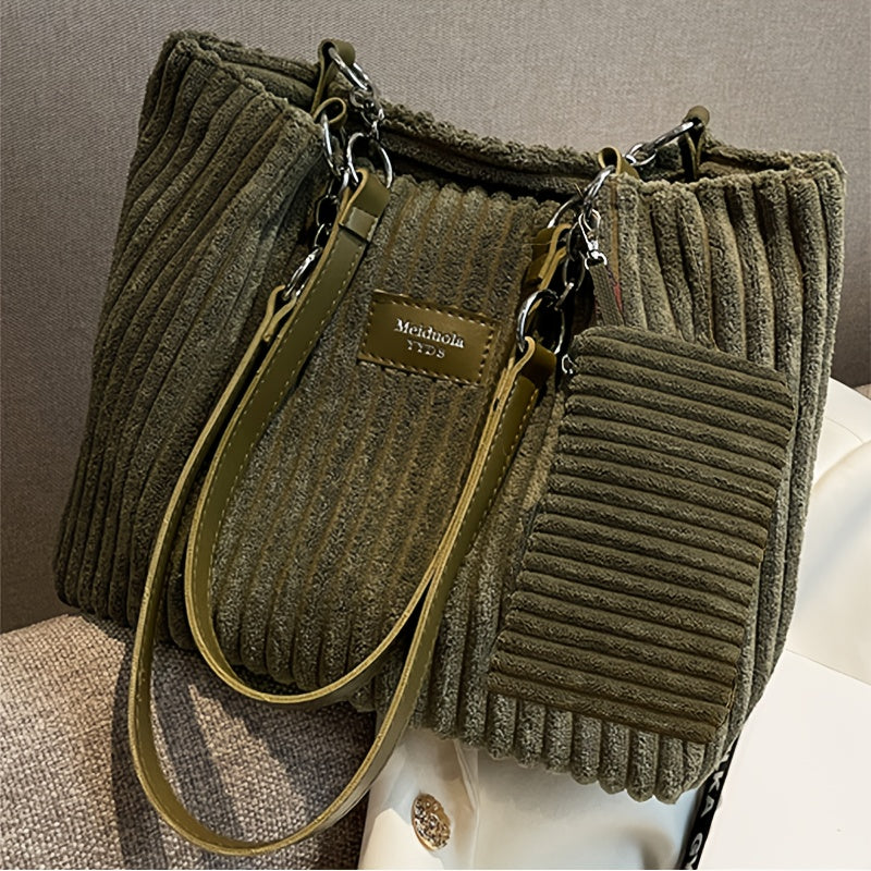 Perfect Lily Women's 2pcs Corduroy Tote & Handbag Set - Elegant Large Capacity Handbags with Zipper Closure, Fixed Strap & Polyester Lining, Beige/White/Green/Black, Versatile for Daily Commute, Work, Shopping - Durable Cordu