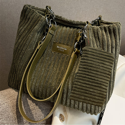 Perfect Lily Women's 2pcs Corduroy Tote & Handbag Set - Elegant Large Capacity Handbags with Zipper Closure, Fixed Strap & Polyester Lining, Beige/White/Green/Black, Versatile for Daily Commute, Work, Shopping - Durable Cordu