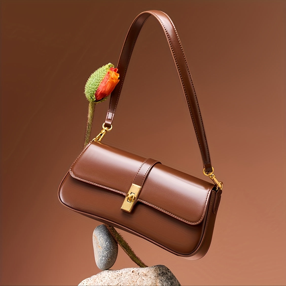 Elegant Women's Baguette Bag - Fashionable Detachable Shoulder Crossbody with Golden Buckle, Brown/Black, Versatile Everyday Accessory, Shoulder Bag For Women, Bags For Women High Quality, Crossbody Bags For Women, Handbags F