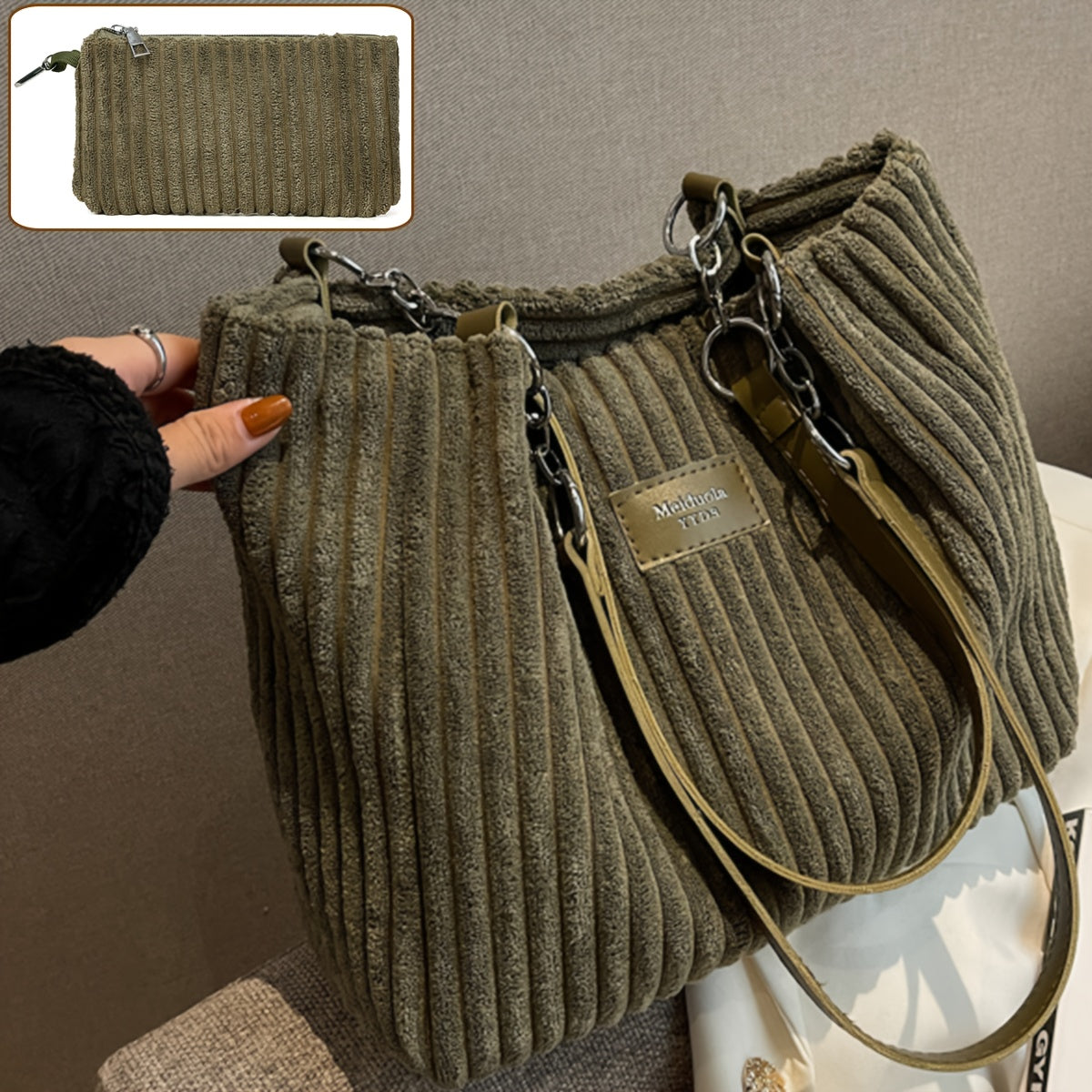 Perfect Lily Women's 2pcs Corduroy Tote & Handbag Set - Elegant Large Capacity Handbags with Zipper Closure, Fixed Strap & Polyester Lining, Beige/White/Green/Black, Versatile for Daily Commute, Work, Shopping - Durable Cordu