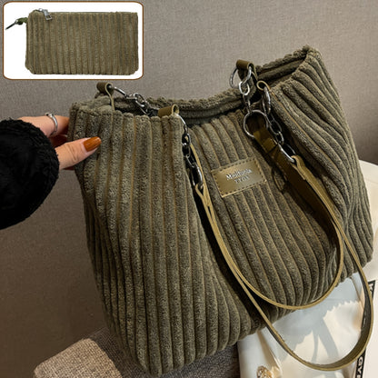Perfect Lily Women's 2pcs Corduroy Tote & Handbag Set - Elegant Large Capacity Handbags with Zipper Closure, Fixed Strap & Polyester Lining, Beige/White/Green/Black, Versatile for Daily Commute, Work, Shopping - Durable Cordu