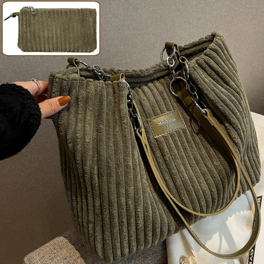 Perfect Lily Women's 2pcs Corduroy Tote & Handbag Set - Elegant Large Capacity Handbags with Zipper Closure, Fixed Strap & Polyester Lining, Beige/White/Green/Black, Versatile for Daily Commute, Work, Shopping - Durable Cordu