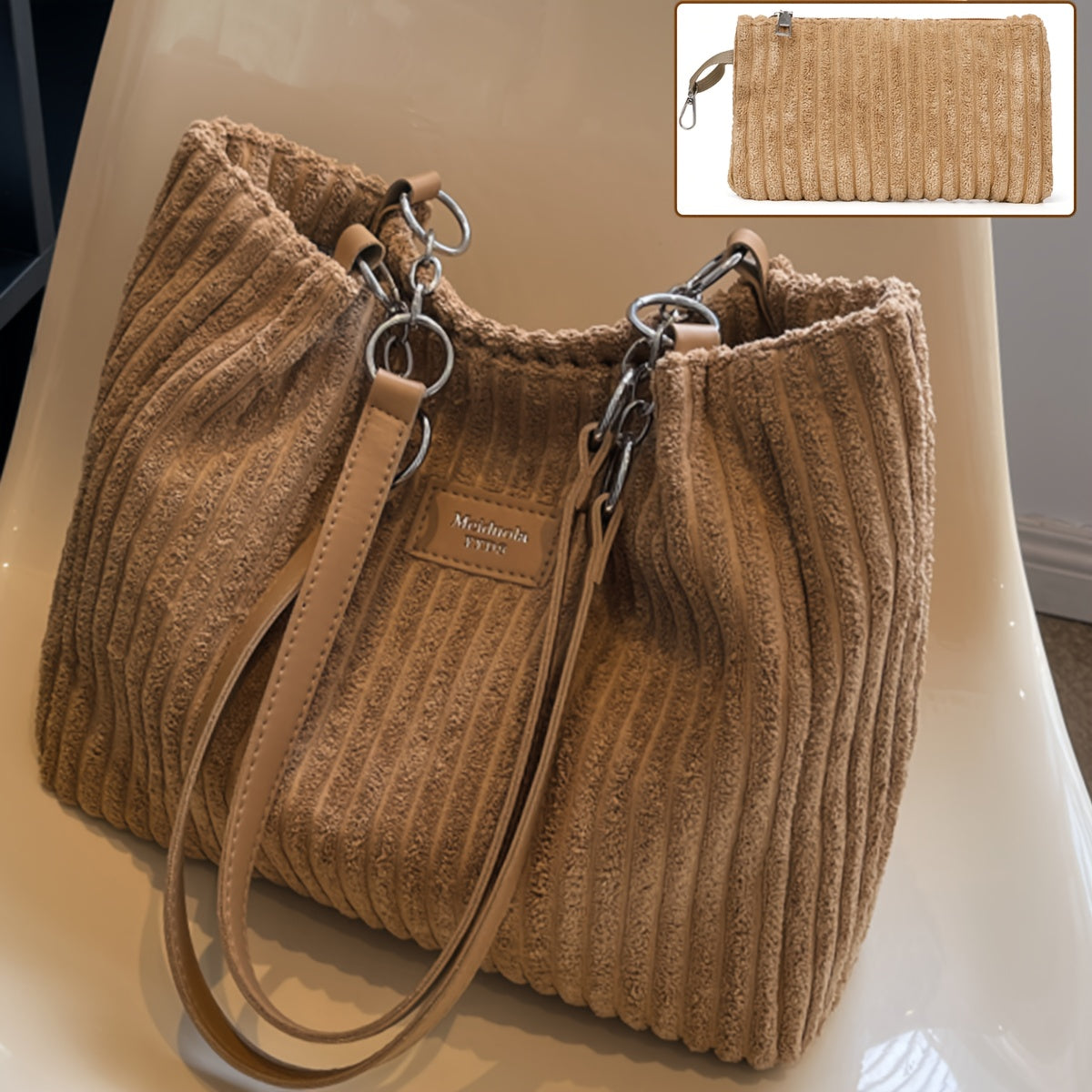 Perfect Lily Women's 2pcs Corduroy Tote & Handbag Set - Elegant Large Capacity Handbags with Zipper Closure, Fixed Strap & Polyester Lining, Beige/White/Green/Black, Versatile for Daily Commute, Work, Shopping - Durable Cordu