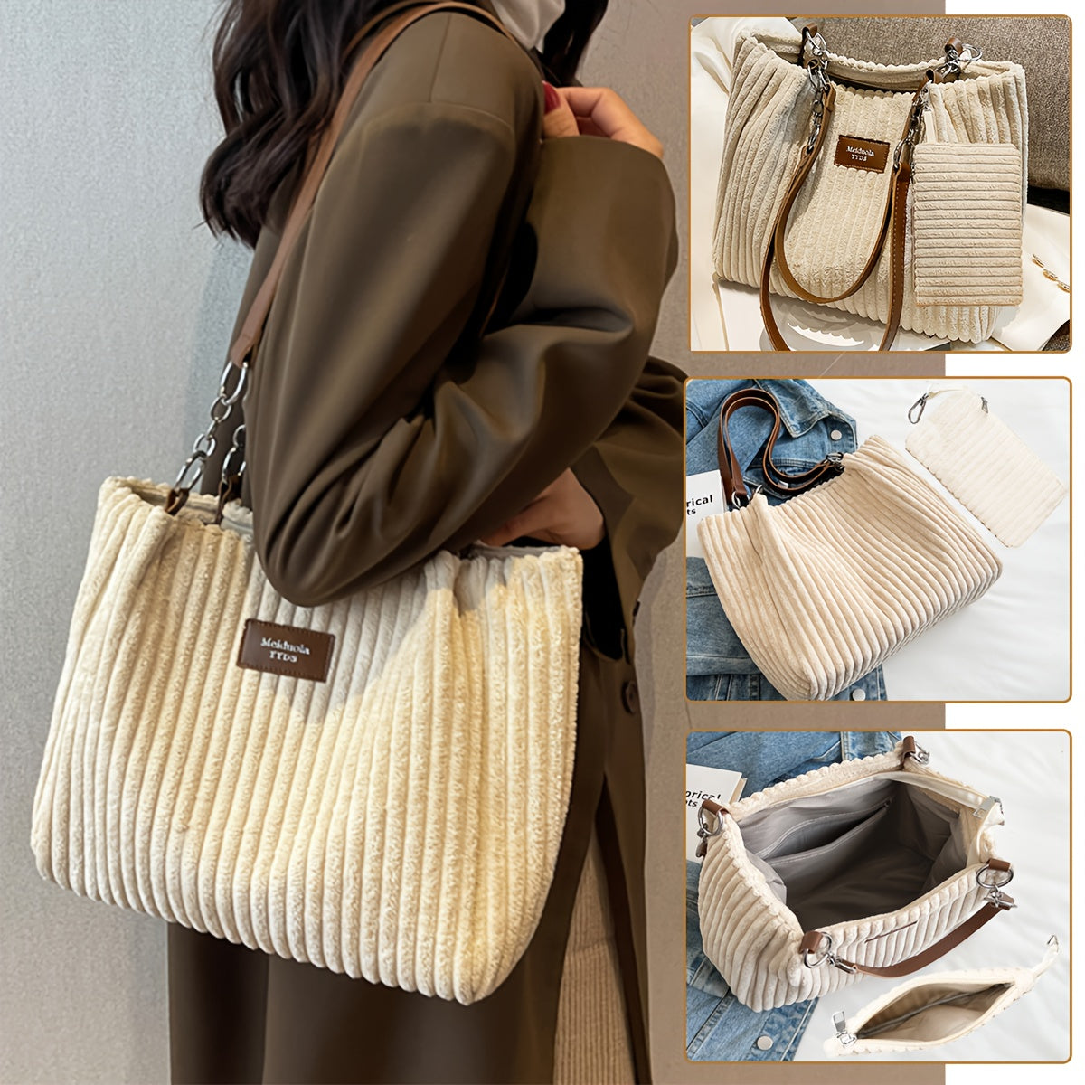 Perfect Lily Women's 2pcs Corduroy Tote & Handbag Set - Elegant Large Capacity Handbags with Zipper Closure, Fixed Strap & Polyester Lining, Beige/White/Green/Black, Versatile for Daily Commute, Work, Shopping - Durable Cordu