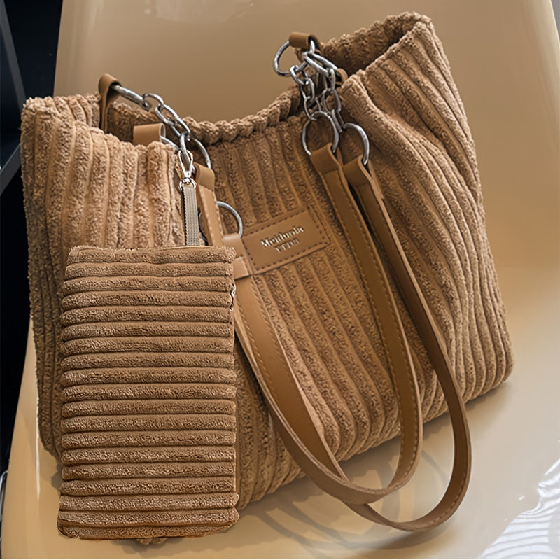 Perfect Lily Women's 2pcs Corduroy Tote & Handbag Set - Elegant Large Capacity Handbags with Zipper Closure, Fixed Strap & Polyester Lining, Beige/White/Green/Black, Versatile for Daily Commute, Work, Shopping - Durable Cordu