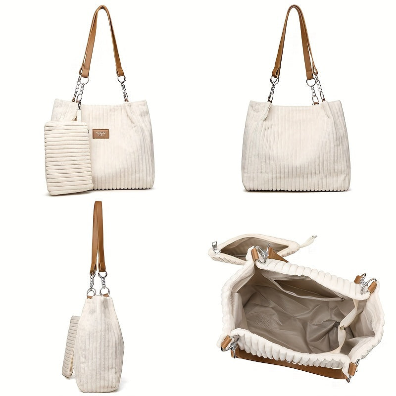 Perfect Lily Women's 2pcs Corduroy Tote & Handbag Set - Elegant Large Capacity Handbags with Zipper Closure, Fixed Strap & Polyester Lining, Beige/White/Green/Black, Versatile for Daily Commute, Work, Shopping - Durable Cordu
