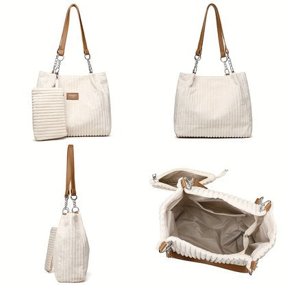 Perfect Lily Women's 2pcs Corduroy Tote & Handbag Set - Elegant Large Capacity Handbags with Zipper Closure, Fixed Strap & Polyester Lining, Beige/White/Green/Black, Versatile for Daily Commute, Work, Shopping - Durable Cordu