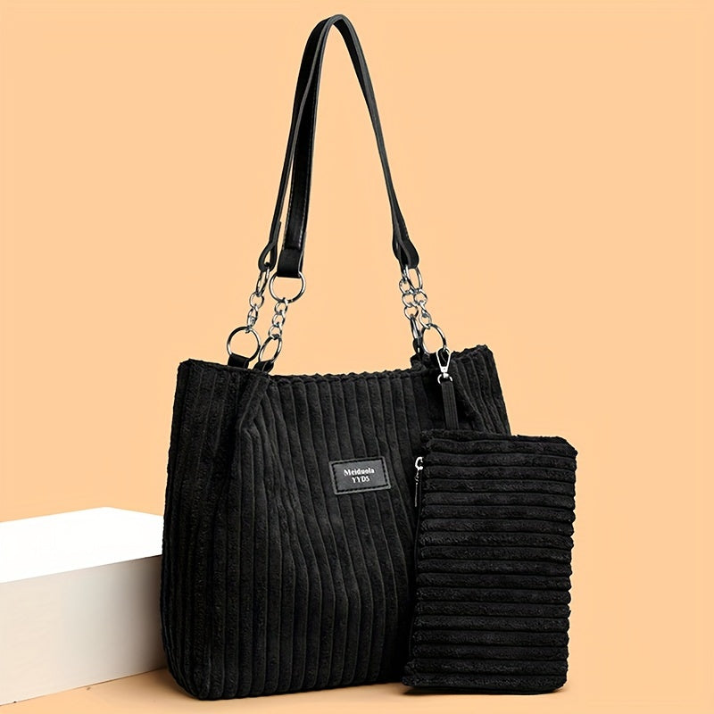 Perfect Lily Women's 2pcs Corduroy Tote & Handbag Set - Elegant Large Capacity Handbags with Zipper Closure, Fixed Strap & Polyester Lining, Beige/White/Green/Black, Versatile for Daily Commute, Work, Shopping - Durable Cordu