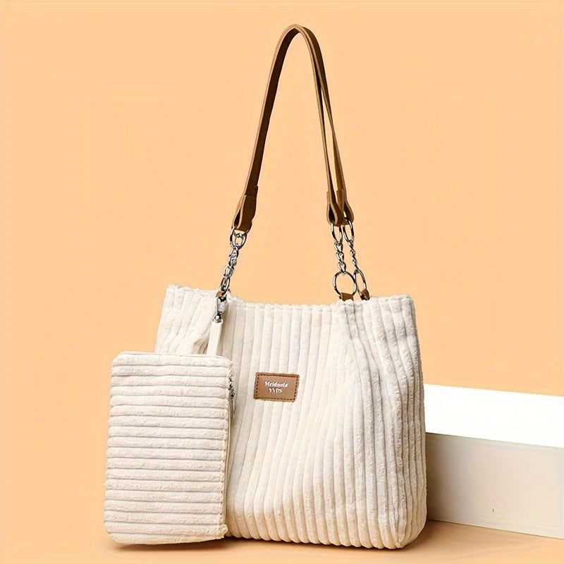 Perfect Lily Women's 2pcs Corduroy Tote & Handbag Set - Elegant Large Capacity Handbags with Zipper Closure, Fixed Strap & Polyester Lining, Beige/White/Green/Black, Versatile for Daily Commute, Work, Shopping - Durable Cordu