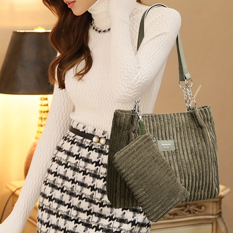 Perfect Lily Women's 2pcs Corduroy Tote & Handbag Set - Elegant Large Capacity Handbags with Zipper Closure, Fixed Strap & Polyester Lining, Beige/White/Green/Black, Versatile for Daily Commute, Work, Shopping - Durable Cordu