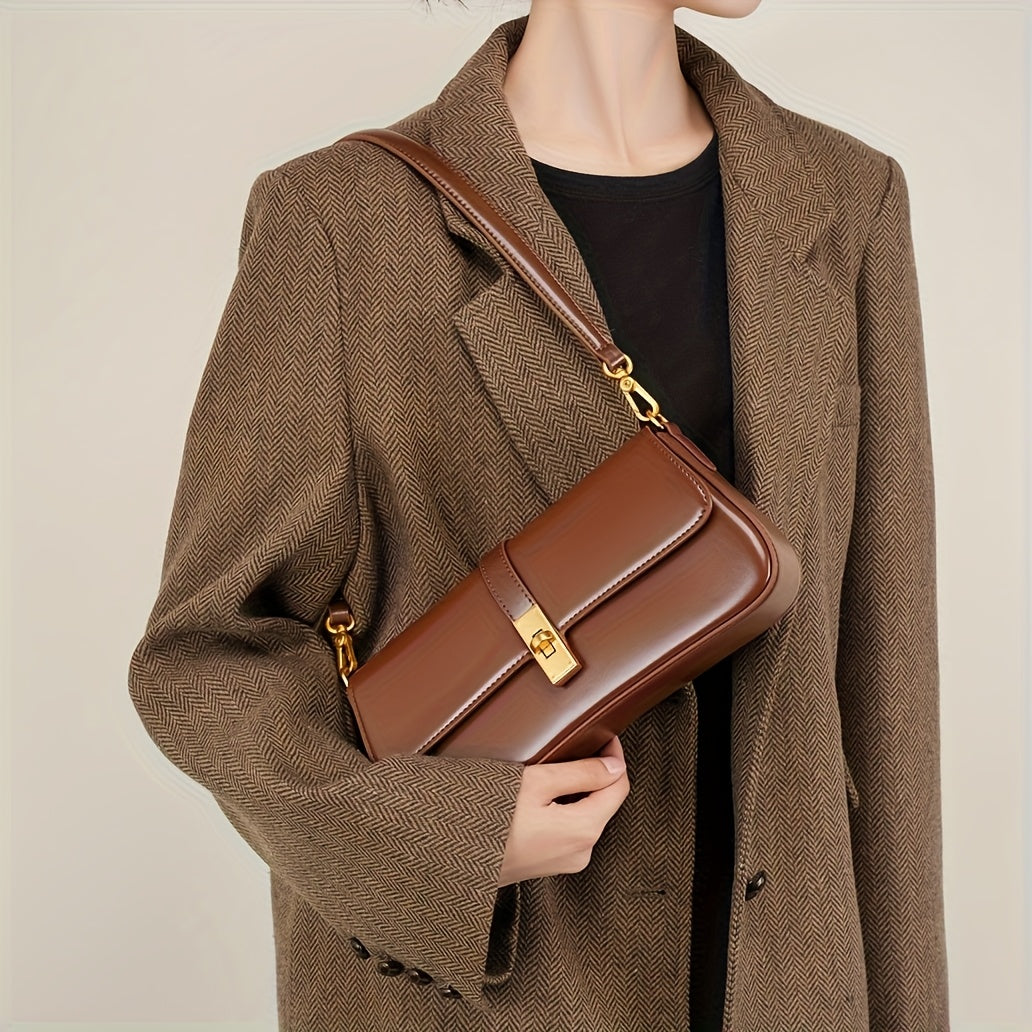 Elegant Women's Baguette Bag - Fashionable Detachable Shoulder Crossbody with Golden Buckle, Brown/Black, Versatile Everyday Accessory, Shoulder Bag For Women, Bags For Women High Quality, Crossbody Bags For Women, Handbags F