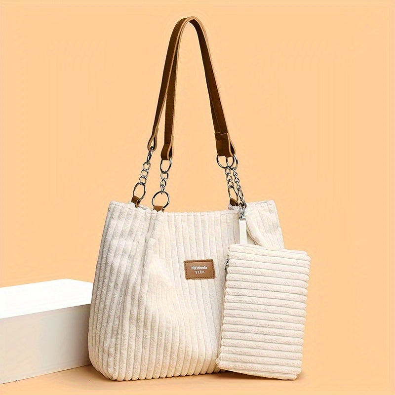 Perfect Lily Women's 2pcs Corduroy Tote & Handbag Set - Elegant Large Capacity Handbags with Zipper Closure, Fixed Strap & Polyester Lining, Beige/White/Green/Black, Versatile for Daily Commute, Work, Shopping - Durable Cordu