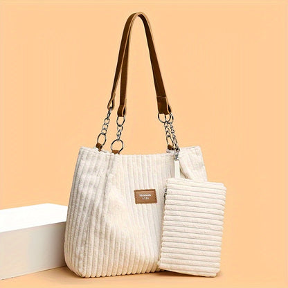 Perfect Lily Women's 2pcs Corduroy Tote & Handbag Set - Elegant Large Capacity Handbags with Zipper Closure, Fixed Strap & Polyester Lining, Beige/White/Green/Black, Versatile for Daily Commute, Work, Shopping - Durable Cordu