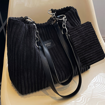 Perfect Lily Women's 2pcs Corduroy Tote & Handbag Set - Elegant Large Capacity Handbags with Zipper Closure, Fixed Strap & Polyester Lining, Beige/White/Green/Black, Versatile for Daily Commute, Work, Shopping - Durable Cordu