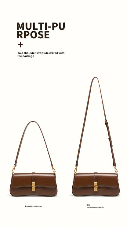 Elegant Women's Baguette Bag - Fashionable Detachable Shoulder Crossbody with Golden Buckle, Brown/Black, Versatile Everyday Accessory, Shoulder Bag For Women, Bags For Women High Quality, Crossbody Bags For Women, Handbags F