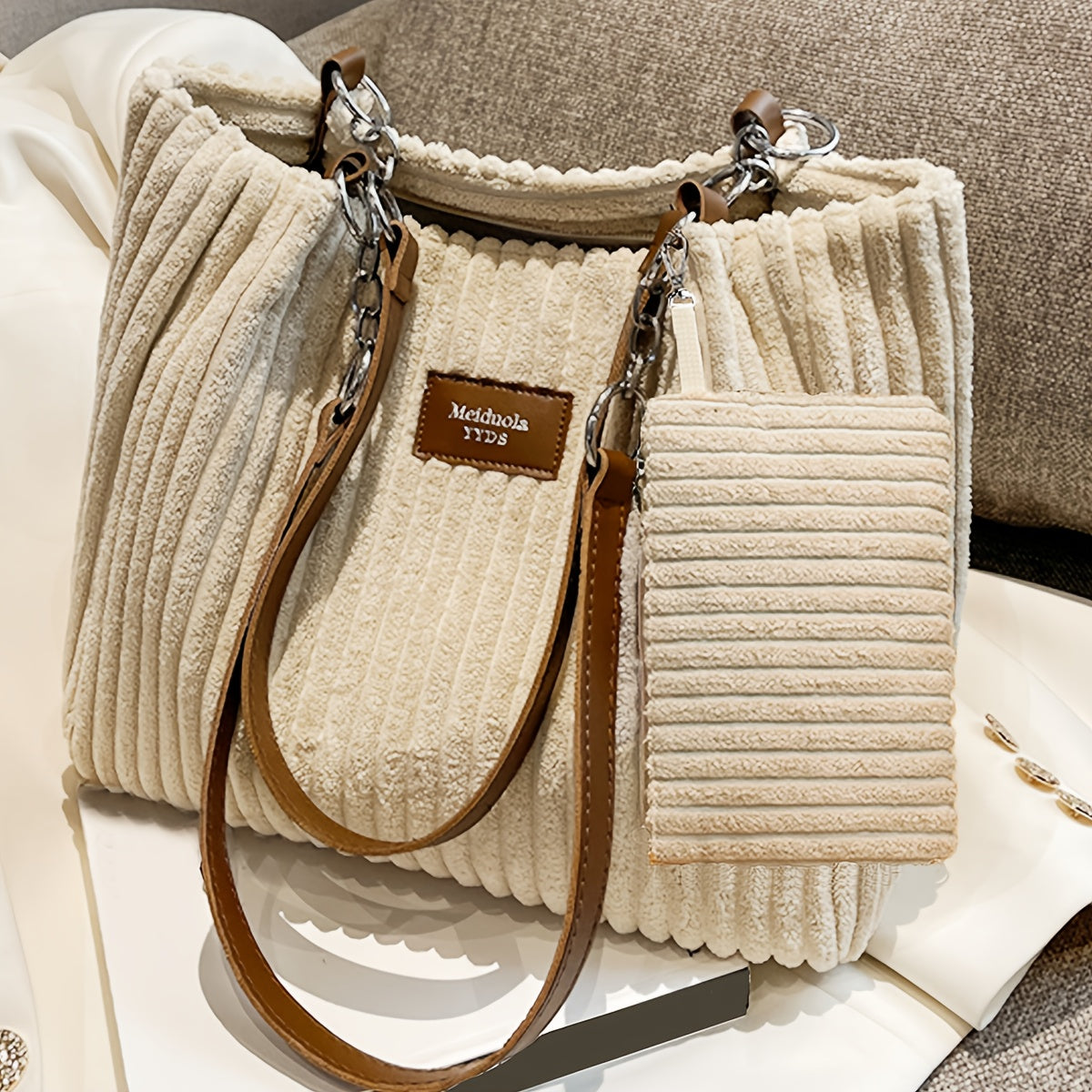 Perfect Lily Women's 2pcs Corduroy Tote & Handbag Set - Elegant Large Capacity Handbags with Zipper Closure, Fixed Strap & Polyester Lining, Beige/White/Green/Black, Versatile for Daily Commute, Work, Shopping - Durable Cordu