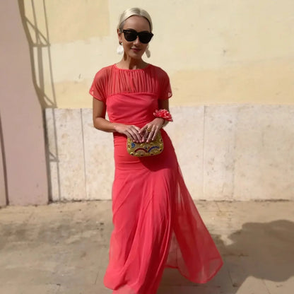 Long Dress Chic Sheer Mesh Party Dress for Women Elegant Pleated O Neck Long Dress with Waist-cinching Detail Slim Fit Evening