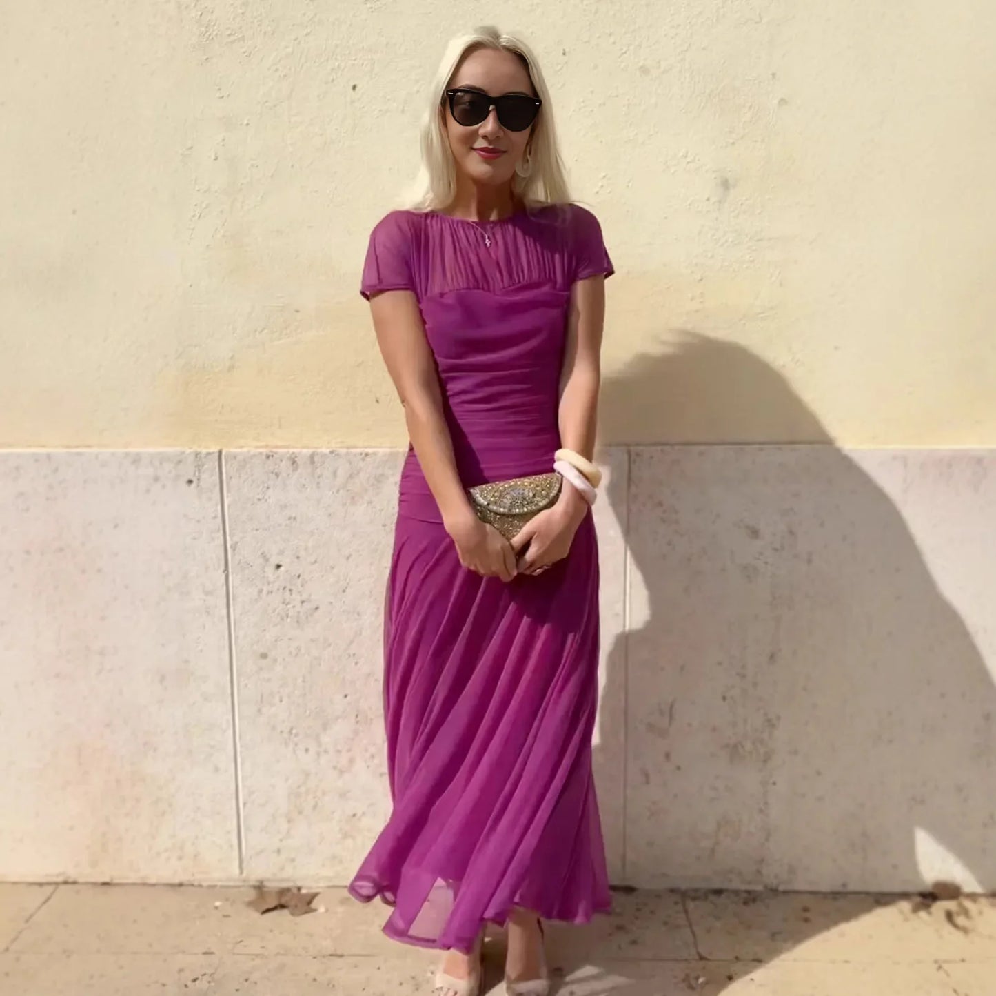 Long Dress Chic Sheer Mesh Party Dress for Women Elegant Pleated O Neck Long Dress with Waist-cinching Detail Slim Fit Evening