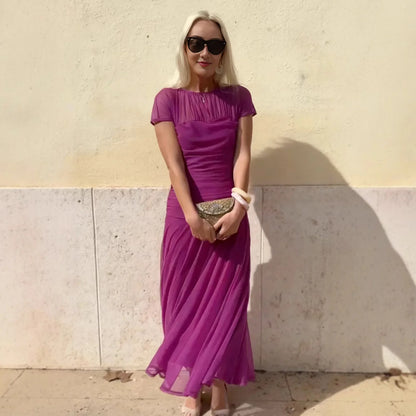 Long Dress Chic Sheer Mesh Party Dress for Women Elegant Pleated O Neck Long Dress with Waist-cinching Detail Slim Fit Evening