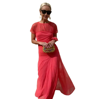 Long Dress Chic Sheer Mesh Party Dress for Women Elegant Pleated O Neck Long Dress with Waist-cinching Detail Slim Fit Evening