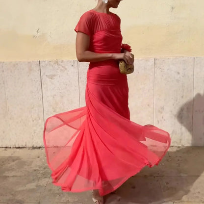 Long Dress Chic Sheer Mesh Party Dress for Women Elegant Pleated O Neck Long Dress with Waist-cinching Detail Slim Fit Evening