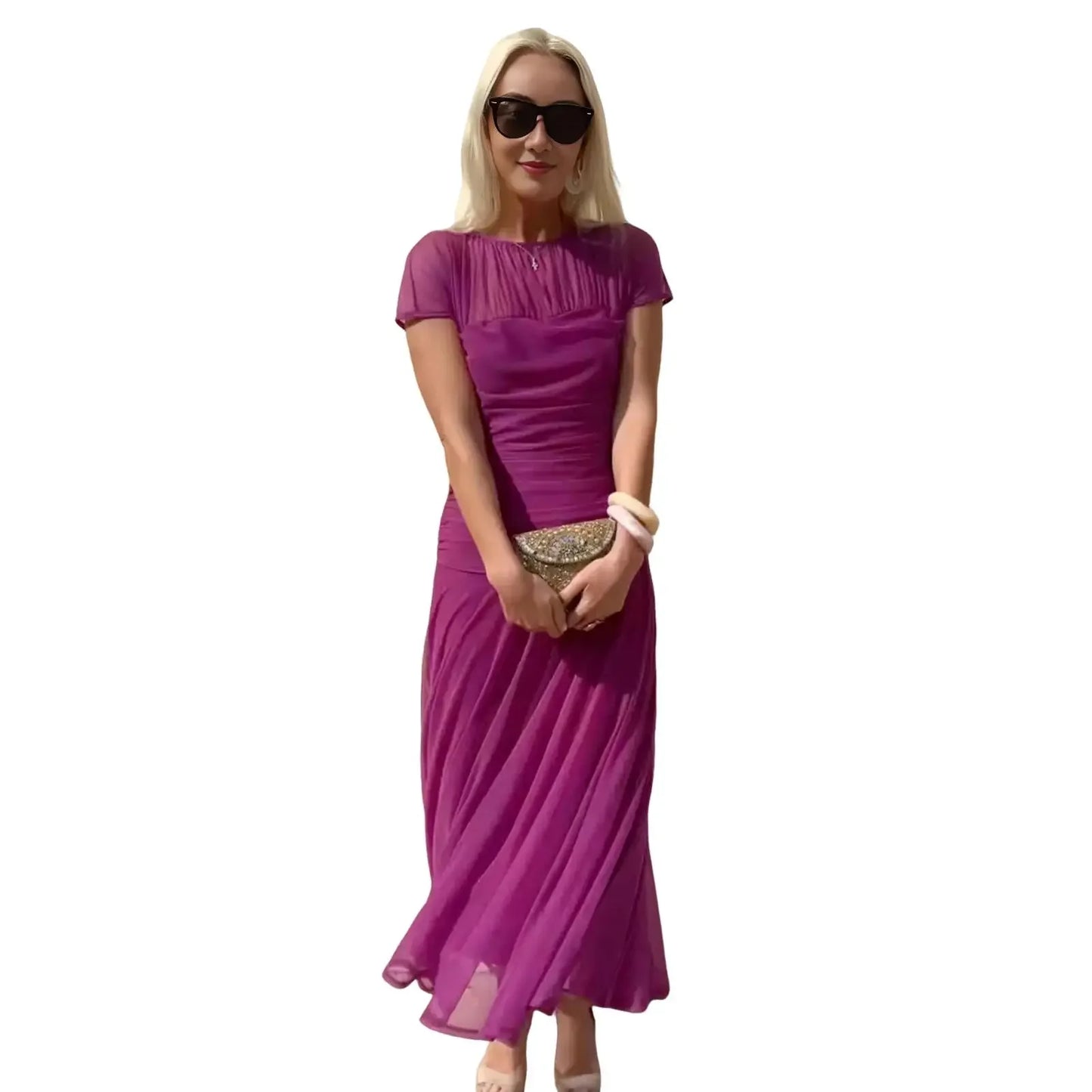 Long Dress Chic Sheer Mesh Party Dress for Women Elegant Pleated O Neck Long Dress with Waist-cinching Detail Slim Fit Evening