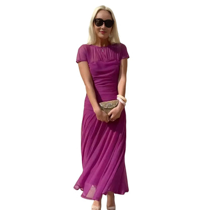 Long Dress Chic Sheer Mesh Party Dress for Women Elegant Pleated O Neck Long Dress with Waist-cinching Detail Slim Fit Evening