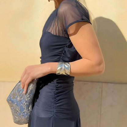 Long Dress Chic Sheer Mesh Party Dress for Women Elegant Pleated O Neck Long Dress with Waist-cinching Detail Slim Fit Evening