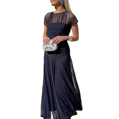 Long Dress Chic Sheer Mesh Party Dress for Women Elegant Pleated O Neck Long Dress with Waist-cinching Detail Slim Fit Evening