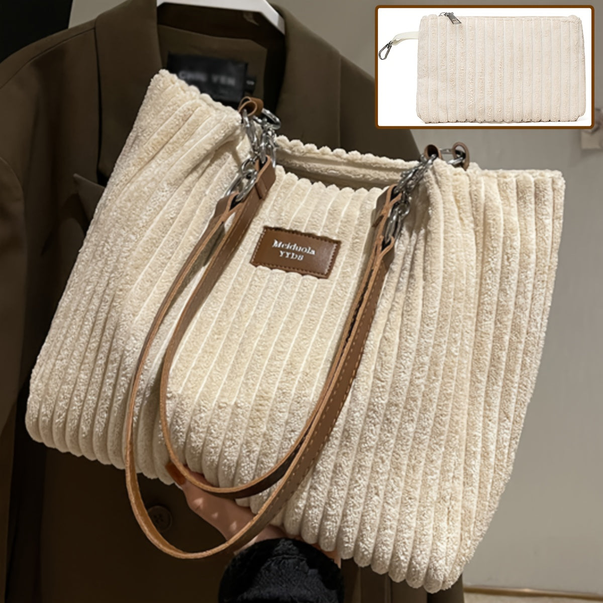 Perfect Lily Women's 2pcs Corduroy Tote & Handbag Set - Elegant Large Capacity Handbags with Zipper Closure, Fixed Strap & Polyester Lining, Beige/White/Green/Black, Versatile for Daily Commute, Work, Shopping - Durable Cordu