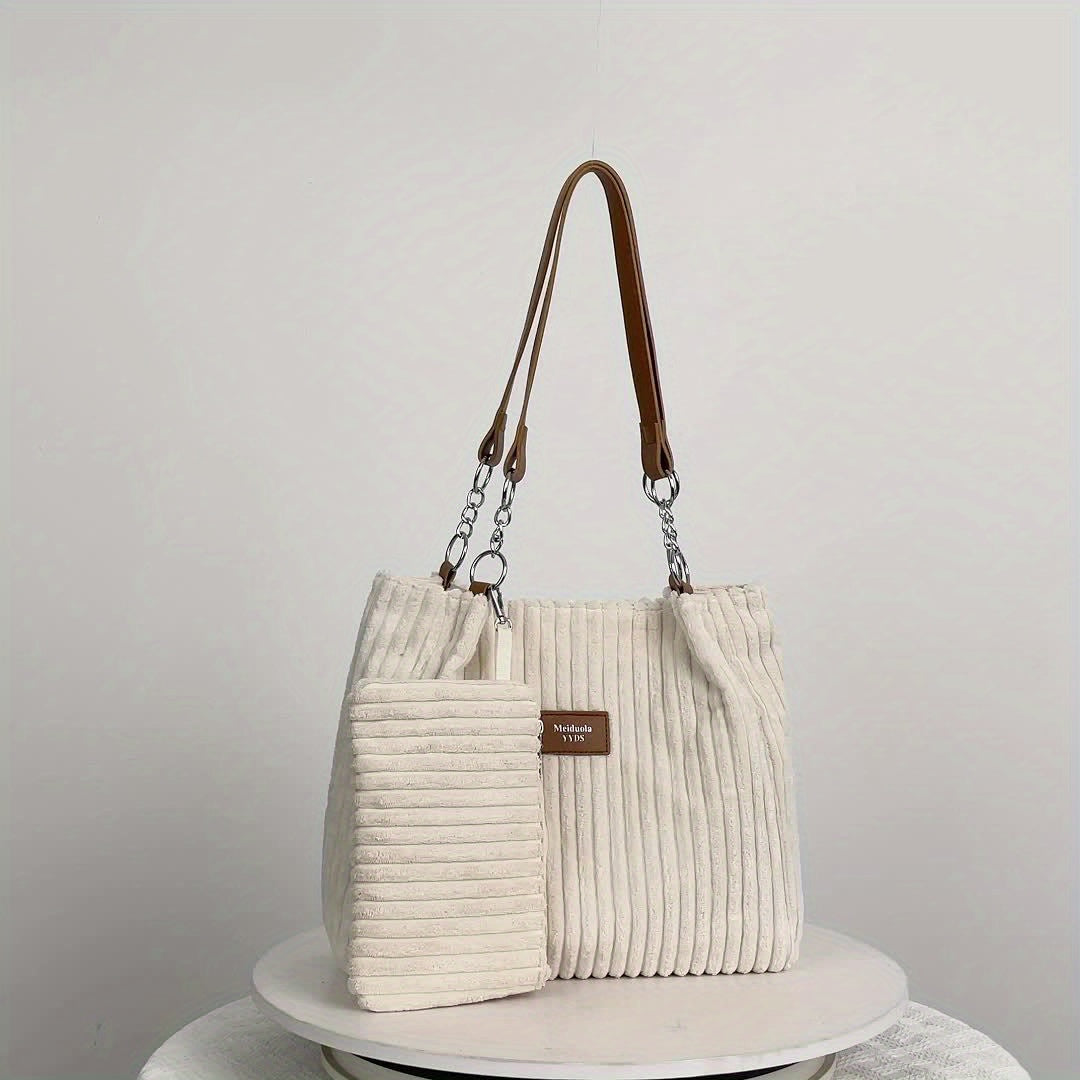 Perfect Lily Women's 2pcs Corduroy Tote & Handbag Set - Elegant Large Capacity Handbags with Zipper Closure, Fixed Strap & Polyester Lining, Beige/White/Green/Black, Versatile for Daily Commute, Work, Shopping - Durable Cordu