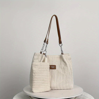 Perfect Lily Women's 2pcs Corduroy Tote & Handbag Set - Elegant Large Capacity Handbags with Zipper Closure, Fixed Strap & Polyester Lining, Beige/White/Green/Black, Versatile for Daily Commute, Work, Shopping - Durable Cordu