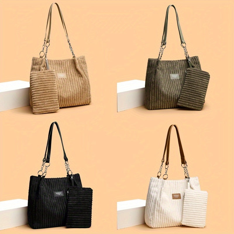 Perfect Lily Women's 2pcs Corduroy Tote & Handbag Set - Elegant Large Capacity Handbags with Zipper Closure, Fixed Strap & Polyester Lining, Beige/White/Green/Black, Versatile for Daily Commute, Work, Shopping - Durable Cordu