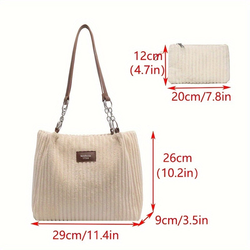 Perfect Lily Women's 2pcs Corduroy Tote & Handbag Set - Elegant Large Capacity Handbags with Zipper Closure, Fixed Strap & Polyester Lining, Beige/White/Green/Black, Versatile for Daily Commute, Work, Shopping - Durable Cordu