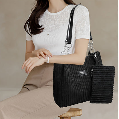 Perfect Lily Women's 2pcs Corduroy Tote & Handbag Set - Elegant Large Capacity Handbags with Zipper Closure, Fixed Strap & Polyester Lining, Beige/White/Green/Black, Versatile for Daily Commute, Work, Shopping - Durable Cordu