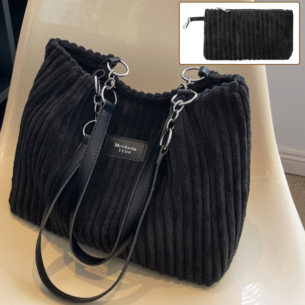 Perfect Lily Women's 2pcs Corduroy Tote & Handbag Set - Elegant Large Capacity Handbags with Zipper Closure, Fixed Strap & Polyester Lining, Beige/White/Green/Black, Versatile for Daily Commute, Work, Shopping - Durable Cordu