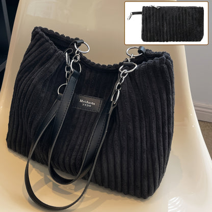 Perfect Lily Women's 2pcs Corduroy Tote & Handbag Set - Elegant Large Capacity Handbags with Zipper Closure, Fixed Strap & Polyester Lining, Beige/White/Green/Black, Versatile for Daily Commute, Work, Shopping - Durable Cordu